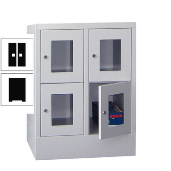Schließfachschrank - Sichtfenstertüren - 4 Fächer a 300 mm - 855x600x500 mm (HxBxT) - Sockel - Zylinderschloss - tiefschwarz RAL 9005 Tiefschwarz | RAL 9005 Tiefschwarz