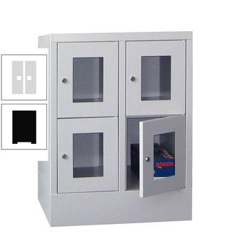 Schließfachschrank - Sichtfenstertüren - 4 Fächer a 300 mm - 855x600x500 mm (HxBxT) - Sockel - Zylinderschloss - tiefschwarz/lichtgrau RAL 7035 Lichtgrau | RAL 9005 Tiefschwarz