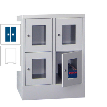 Schließfachschrank - Sichtfenstertüren - 4 Fächer a 300 mm - 855x600x500 mm (HxBxT) - Sockel - Zylinderschloss - reinweiß/enzianblau RAL 5010 Enzianblau | RAL 9010 Reinweiß