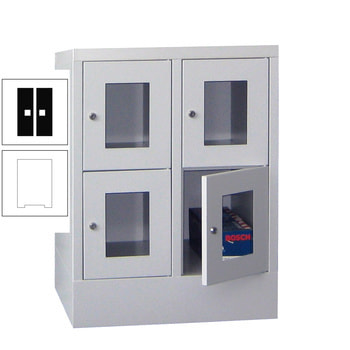 Schließfachschrank - Sichtfenstertüren - 4 Fächer a 300 mm - 855x600x500 mm (HxBxT) - Sockel - Zylinderschloss - reinweiß/tiefschwarz RAL 9005 Tiefschwarz | RAL 9010 Reinweiß