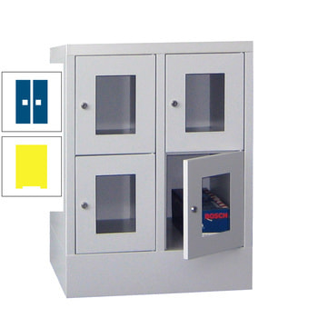 Schließfachschrank - Sichtfenstertüren - 4 Fächer a 300 mm - 855x600x500 mm (HxBxT) - Sockel - Drehriegel - zinkgelb/enzianblau RAL 5010 Enzianblau | RAL 1018 Zinkgelb