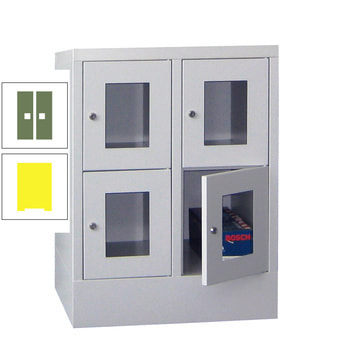 Schließfachschrank - Sichtfenstertüren - 4 Fächer a 300 mm - 855x600x500 mm (HxBxT) - Sockel - Drehriegel - zinkgelb/resedagrün RAL 6011 Resedagrün | RAL 1018 Zinkgelb