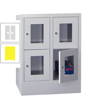 Schließfachschrank - Sichtfenstertüren - 4 Fächer a 300 mm - 855x600x500 mm (HxBxT) - Sockel - Drehriegel - zinkgelb/lichtgrau RAL 7035 Lichtgrau | RAL 1018 Zinkgelb