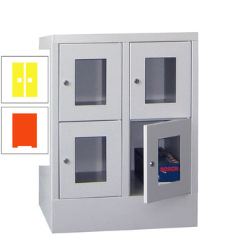 Schließfachschrank - Sichtfenstertüren - 4 Fächer a 300 mm - 855x600x500 mm (HxBxT) - Sockel - Drehriegel - reinorange/zinkgelb RAL 1018 Zinkgelb | RAL 2004 Reinorange