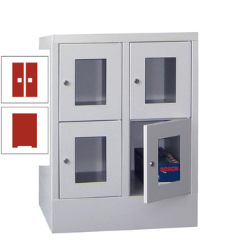 Schließfachschrank - Sichtfenstertüren - 4 Fächer a 300 mm - 855x600x500 mm (HxBxT) - Sockel - Drehriegel - feuerrot RAL 3000 Feuerrot | RAL 3000 Feuerrot