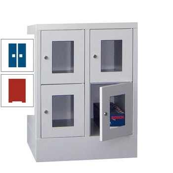 Schließfachschrank - Sichtfenstertüren - 4 Fächer a 300 mm - 855x600x500 mm (HxBxT) - Sockel - Drehriegel - feuerrot/enzianblau RAL 5010 Enzianblau | RAL 3000 Feuerrot