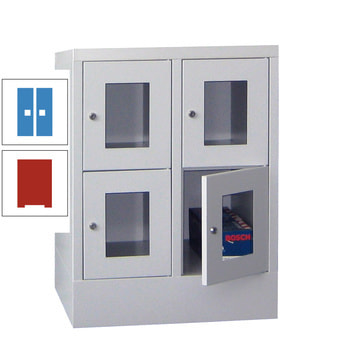 Schließfachschrank - Sichtfenstertüren - 4 Fächer a 300 mm - 855x600x500 mm (HxBxT) - Sockel - Drehriegel - feuerrot/lichtblau RAL 5012 Lichtblau | RAL 3000 Feuerrot