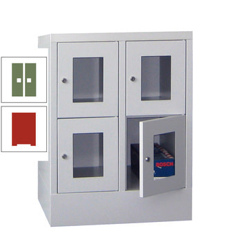 Schließfachschrank - Sichtfenstertüren - 4 Fächer a 300 mm - 855x600x500 mm (HxBxT) - Sockel - Drehriegel - feuerrot/resedagrün RAL 6011 Resedagrün | RAL 3000 Feuerrot