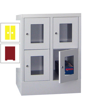 Schließfachschrank - Sichtfenstertüren - 4 Fächer a 300 mm - 855x600x500 mm (HxBxT) - Sockel - Drehriegel - rubinrot/zinkgelb RAL 1018 Zinkgelb | RAL 3003 Rubinrot