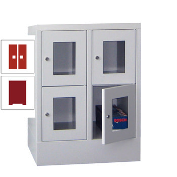 Schließfachschrank - Sichtfenstertüren - 4 Fächer a 300 mm - 855x600x500 mm (HxBxT) - Sockel - Drehriegel - rubinrot/feuerrot RAL 3000 Feuerrot | RAL 3003 Rubinrot