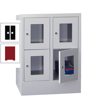 Schließfachschrank - Sichtfenstertüren - 4 Fächer a 300 mm - 855x600x500 mm (HxBxT) - Sockel - Drehriegel - rubinrot/tiefschwarz RAL 9005 Tiefschwarz | RAL 3003 Rubinrot
