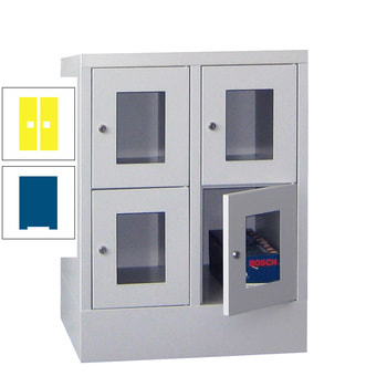 Schließfachschrank - Sichtfenstertüren - 4 Fächer a 300 mm - 855x600x500 mm (HxBxT) - Sockel - Drehriegel - enzianblau/zinkgelb RAL 1018 Zinkgelb | RAL 5010 Enzianblau