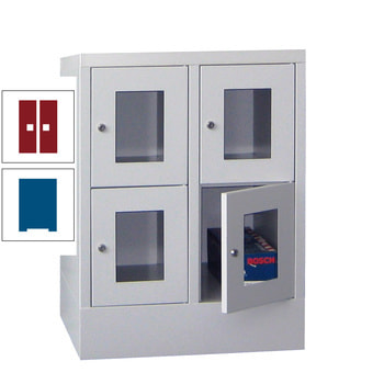 Schließfachschrank - Sichtfenstertüren - 4 Fächer a 300 mm - 855x600x500 mm (HxBxT) - Sockel - Drehriegel - enzianblau/rubinrot RAL 3003 Rubinrot | RAL 5010 Enzianblau