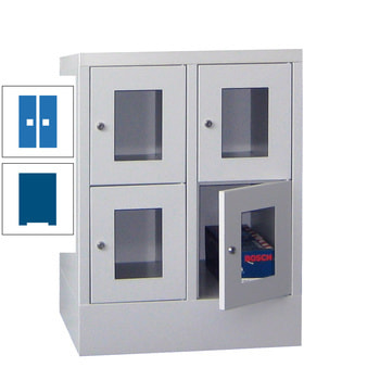 Schließfachschrank - Sichtfenstertüren - 4 Fächer a 300 mm - 855x600x500 mm (HxBxT) - Sockel - Drehriegel - enzianblau/himmelblau RAL 5015 Himmelblau | RAL 5010 Enzianblau