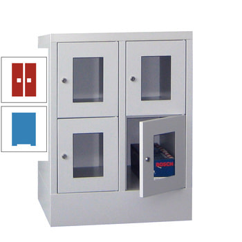 Schließfachschrank - Sichtfenstertüren - 4 Fächer a 300 mm - 855x600x500 mm (HxBxT) - Sockel - Drehriegel - lichtblau/feuerrot RAL 3000 Feuerrot | RAL 5012 Lichtblau