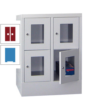Schließfachschrank - Sichtfenstertüren - 4 Fächer a 300 mm - 855x600x500 mm (HxBxT) - Sockel - Drehriegel - lichtblau/rubinrot RAL 3003 Rubinrot | RAL 5012 Lichtblau