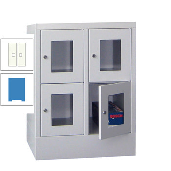Schließfachschrank - Sichtfenstertüren - 4 Fächer a 300 mm - 855x600x500 mm (HxBxT) - Sockel - Drehriegel - lichtblau/reinweiß RAL 9010 Reinweiß | RAL 5012 Lichtblau