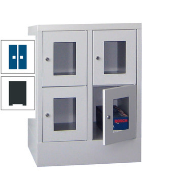 Schließfachschrank - Sichtfenstertüren - 4 Fächer a 300 mm - 855x600x500 mm (HxBxT) - Sockel - Drehriegel - anthrazitgrau/enzianblau RAL 5010 Enzianblau | RAL 7016 Anthrazitgrau