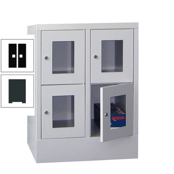 Schließfachschrank - Sichtfenstertüren - 4 Fächer a 300 mm - 855x600x500 mm (HxBxT) - Sockel - Drehriegel - anthrazitgrau/tiefschwarz RAL 9005 Tiefschwarz | RAL 7016 Anthrazitgrau