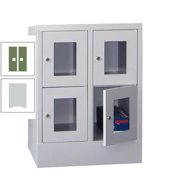 Schließfachschrank - Sichtfenstertüren - 4 Fächer a 300 mm - 855x600x500 mm (HxBxT) - Sockel - Drehriegel - lichtgrau/resedagrün RAL 6011 Resedagrün | RAL 7035 Lichtgrau