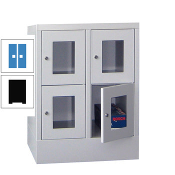 Schließfachschrank - Sichtfenstertüren - 4 Fächer a 300 mm - 855x600x500 mm (HxBxT) - Sockel - Drehriegel - tiefschwarz/lichtblau RAL 5012 Lichtblau | RAL 9005 Tiefschwarz