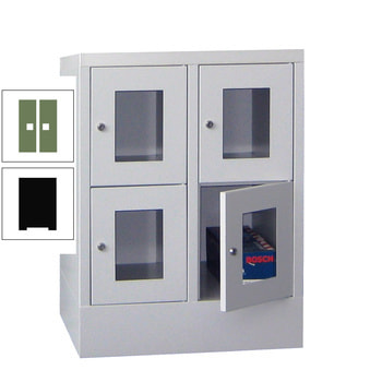 Schließfachschrank - Sichtfenstertüren - 4 Fächer a 300 mm - 855x600x500 mm (HxBxT) - Sockel - Drehriegel - tiefschwarz/resedagrün RAL 6011 Resedagrün | RAL 9005 Tiefschwarz