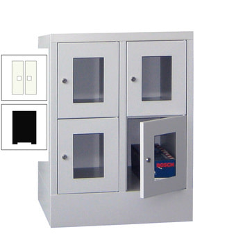 Schließfachschrank - Sichtfenstertüren - 4 Fächer a 300 mm - 855x600x500 mm (HxBxT) - Sockel - Drehriegel - tiefschwarz/reinweiß RAL 9010 Reinweiß | RAL 9005 Tiefschwarz