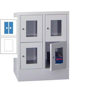 Schließfachschrank - Sichtfenstertüren - 4 Fächer a 300 mm - 855x600x500 mm (HxBxT) - Sockel - Drehriegel - reinweiß/lichtblau RAL 5012 Lichtblau | RAL 9010 Reinweiß