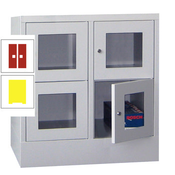 Schließfachschrank - Sichtfenstertüren - 4 Fächer a 400 mm - 855x800x500 mm (HxBxT) - Sockel - Zylinderschloss - zinkgelb/feuerrot RAL 3000 Feuerrot | RAL 1018 Zinkgelb