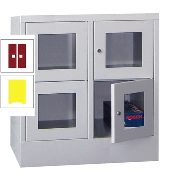 Schließfachschrank - Sichtfenstertüren - 4 Fächer a 400 mm - 855x800x500 mm (HxBxT) - Sockel - Zylinderschloss - zinkgelb/rubinrot RAL 3003 Rubinrot | RAL 1018 Zinkgelb
