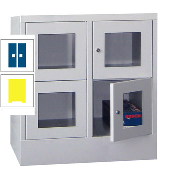 Schließfachschrank - Sichtfenstertüren - 4 Fächer a 400 mm - 855x800x500 mm (HxBxT) - Sockel - Zylinderschloss - zinkgelb/enzianblau RAL 5010 Enzianblau | RAL 1018 Zinkgelb