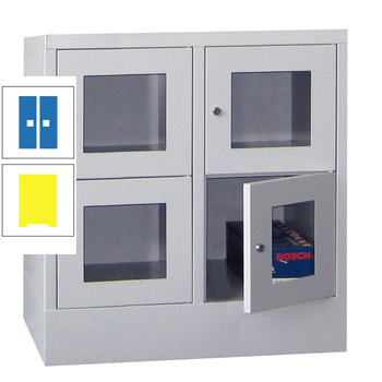 Schließfachschrank - Sichtfenstertüren - 4 Fächer a 400 mm - 855x800x500 mm (HxBxT) - Sockel - Zylinderschloss - zinkgelb/himmelblau RAL 5015 Himmelblau | RAL 1018 Zinkgelb