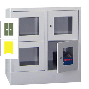 Schließfachschrank - Sichtfenstertüren - 4 Fächer a 400 mm - 855x800x500 mm (HxBxT) - Sockel - Zylinderschloss - zinkgelb/resedagrün RAL 6011 Resedagrün | RAL 1018 Zinkgelb