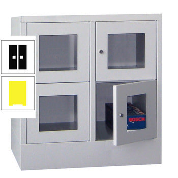 Schließfachschrank - Sichtfenstertüren - 4 Fächer a 400 mm - 855x800x500 mm (HxBxT) - Sockel - Zylinderschloss - zinkgelb/tiefschwarz RAL 9005 Tiefschwarz | RAL 1018 Zinkgelb