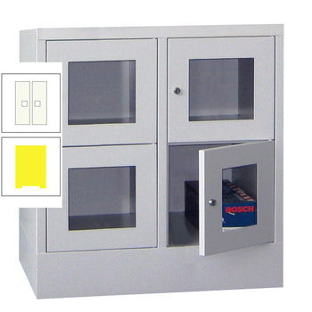 Schließfachschrank - Sichtfenstertüren - 4 Fächer a 400 mm - 855x800x500 mm (HxBxT) - Sockel - Zylinderschloss - zinkgelb/reinweiß RAL 9010 Reinweiß | RAL 1018 Zinkgelb