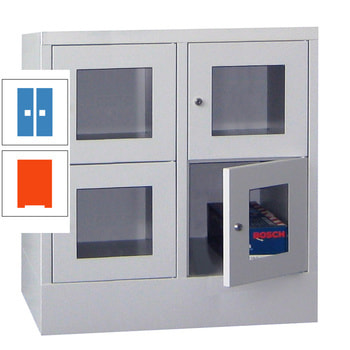 Schließfachschrank - Sichtfenstertüren - 4 Fächer a 400 mm - 855x800x500 mm (HxBxT) - Sockel - Zylinderschloss - reinorange/lichtblau RAL 5012 Lichtblau | RAL 2004 Reinorange