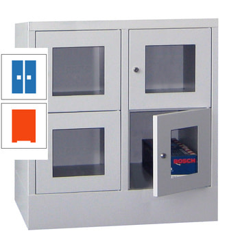 Schließfachschrank - Sichtfenstertüren - 4 Fächer a 400 mm - 855x800x500 mm (HxBxT) - Sockel - Zylinderschloss - reinorange/himmelblau RAL 5015 Himmelblau | RAL 2004 Reinorange