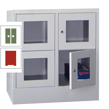 Schließfachschrank - Sichtfenstertüren - 4 Fächer a 400 mm - 855x800x500 mm (HxBxT) - Sockel - Zylinderschloss - feuerrot/resedagrün RAL 6011 Resedagrün | RAL 3000 Feuerrot