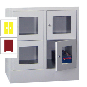 Schließfachschrank - Sichtfenstertüren - 4 Fächer a 400 mm - 855x800x500 mm (HxBxT) - Sockel - Zylinderschloss - rubinrot/zinkgelb RAL 1018 Zinkgelb | RAL 3003 Rubinrot