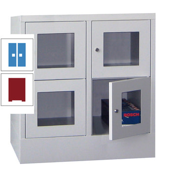 Schließfachschrank - Sichtfenstertüren - 4 Fächer a 400 mm - 855x800x500 mm (HxBxT) - Sockel - Zylinderschloss - rubinrot/lichtblau RAL 5012 Lichtblau | RAL 3003 Rubinrot