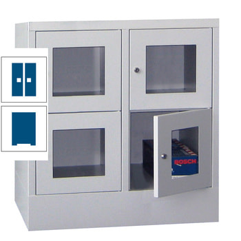 Schließfachschrank - Sichtfenstertüren - 4 Fächer a 400 mm - 855x800x500 mm (HxBxT) - Sockel - Zylinderschloss - enzianblau RAL 5010 Enzianblau | RAL 5010 Enzianblau