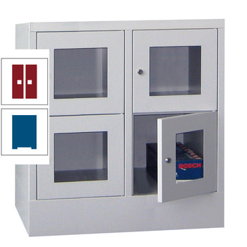 Schließfachschrank - Sichtfenstertüren - 4 Fächer a 400 mm - 855x800x500 mm (HxBxT) - Sockel - Zylinderschloss - enzianblau/rubinrot RAL 3003 Rubinrot | RAL 5010 Enzianblau