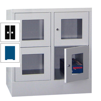 Schließfachschrank - Sichtfenstertüren - 4 Fächer a 400 mm - 855x800x500 mm (HxBxT) - Sockel - Zylinderschloss - enzianblau/tiefschwarz RAL 9005 Tiefschwarz | RAL 5010 Enzianblau