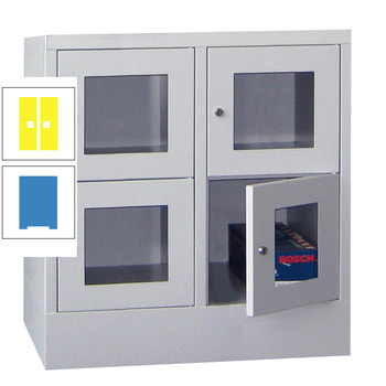 Schließfachschrank - Sichtfenstertüren - 4 Fächer a 400 mm - 855x800x500 mm (HxBxT) - Sockel - Zylinderschloss - lichtblau/zinkgelb RAL 1018 Zinkgelb | RAL 5012 Lichtblau