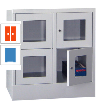 Schließfachschrank - Sichtfenstertüren - 4 Fächer a 400 mm - 855x800x500 mm (HxBxT) - Sockel - Zylinderschloss - lichtblau/reinorange RAL 2004 Reinorange | RAL 5012 Lichtblau