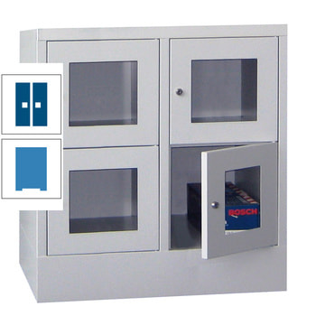 Schließfachschrank - Sichtfenstertüren - 4 Fächer a 400 mm - 855x800x500 mm (HxBxT) - Sockel - Zylinderschloss - lichtblau/enzianblau RAL 5010 Enzianblau | RAL 5012 Lichtblau