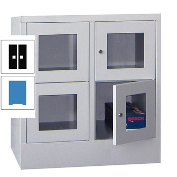 Schließfachschrank - Sichtfenstertüren - 4 Fächer a 400 mm - 855x800x500 mm (HxBxT) - Sockel - Zylinderschloss - lichtblau/tiefschwarz RAL 9005 Tiefschwarz | RAL 5012 Lichtblau