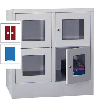 Schließfachschrank - Sichtfenstertüren - 4 Fächer a 400 mm - 855x800x500 mm (HxBxT) - Sockel - Zylinderschloss - himmelblau/rubinrot RAL 3003 Rubinrot | RAL 5015 Himmelblau