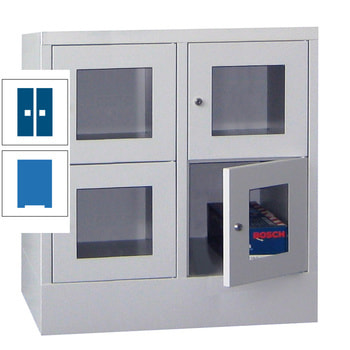 Schließfachschrank - Sichtfenstertüren - 4 Fächer a 400 mm - 855x800x500 mm (HxBxT) - Sockel - Zylinderschloss - himmelblau/enzianblau RAL 5010 Enzianblau | RAL 5015 Himmelblau