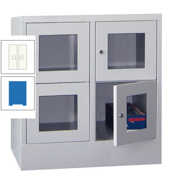 Schließfachschrank - Sichtfenstertüren - 4 Fächer a 400 mm - 855x800x500 mm (HxBxT) - Sockel - Zylinderschloss - himmelblau/reinweiß RAL 9010 Reinweiß | RAL 5015 Himmelblau